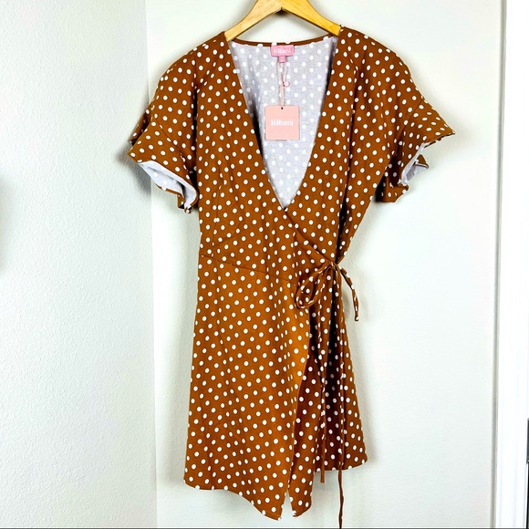 NEW LeRumi x Revolve Polka Dot Sonia Wrap Mini Dress XS Brown - Picture 2 of 10